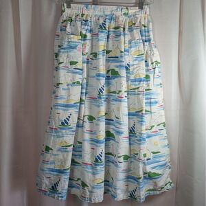 VTG Lombardi Inc Sailboat AOP Midi Skirt Sz 16 White Cotton Nautical Button 33"